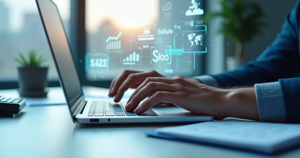 Teclado com dedos digitando palavras-chave destacadas na tela