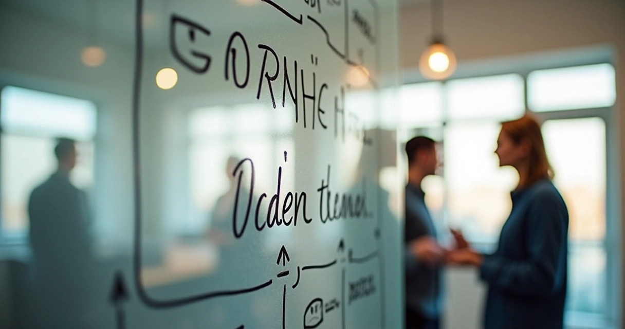 Palavras motivacionais escritas em quadro de vidro em ambiente de escritório 