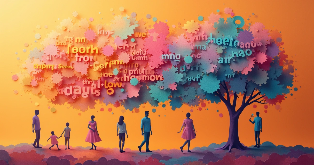 Papel cortado formando palavras que se transformam em formas e cores abstratas ao fundo 