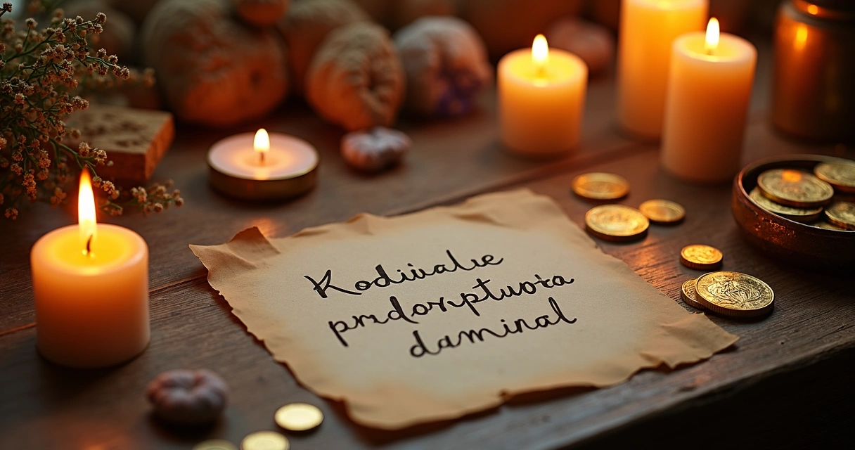 Velas acesas, papel com palavras escritas e moedas douradas em um altar de ritual 