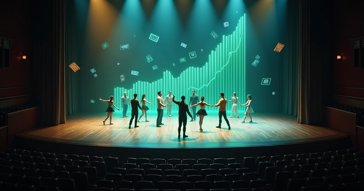 Palco de dança visto de cima com gráfico de vendas de ingressos projetado no chão 