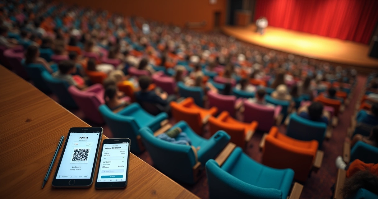 Auditório escolar visto de cima com assentos coloridos e ingressos digitais flutuando ao lado 