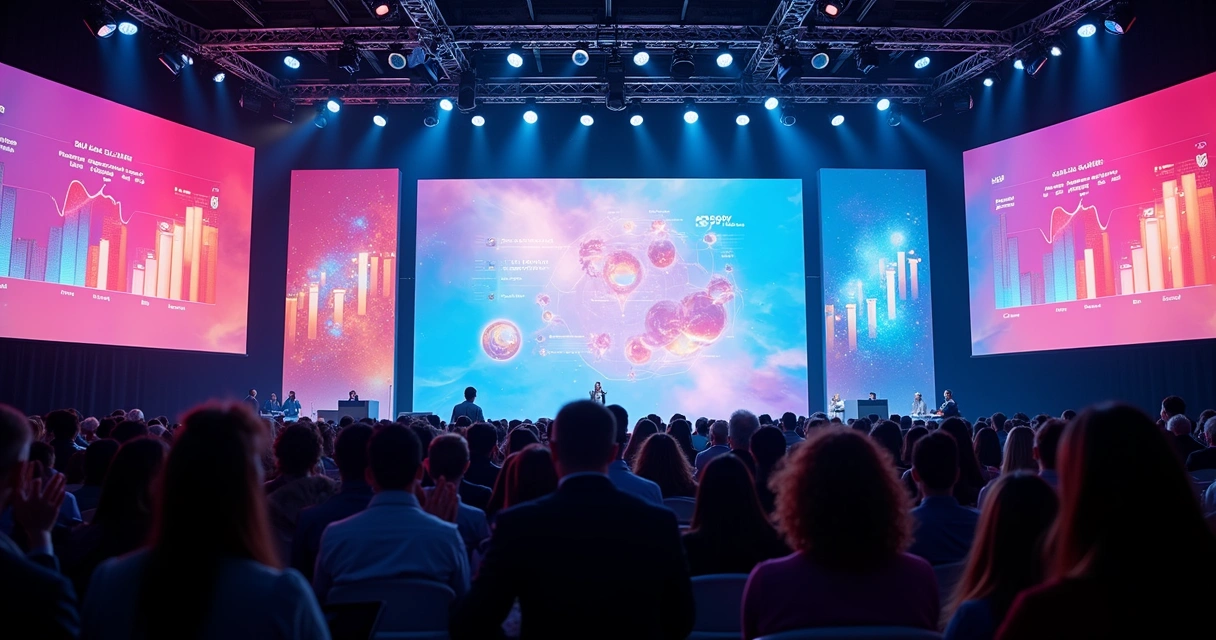 Palco iluminado com tecnologia audiovisual em evento de vendas