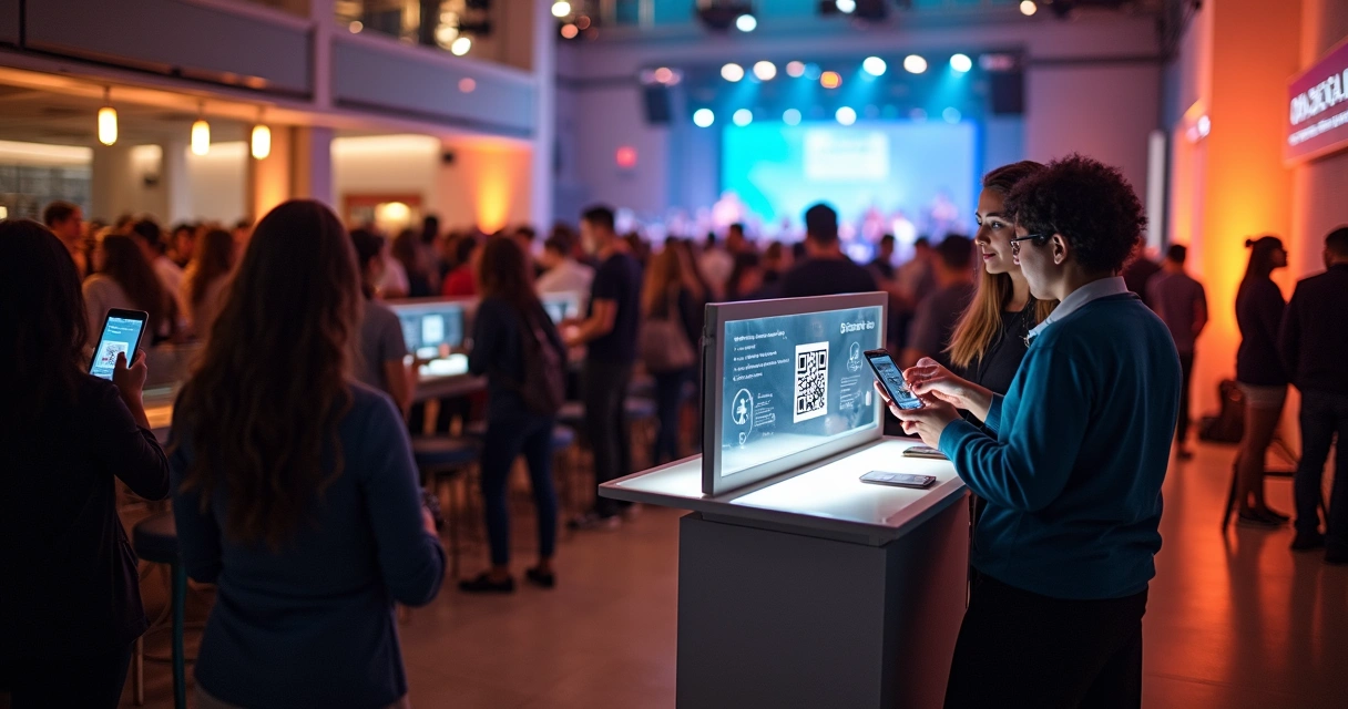 Plateia lotada em evento presencial com equipe vendendo ingressos em bancada moderna 