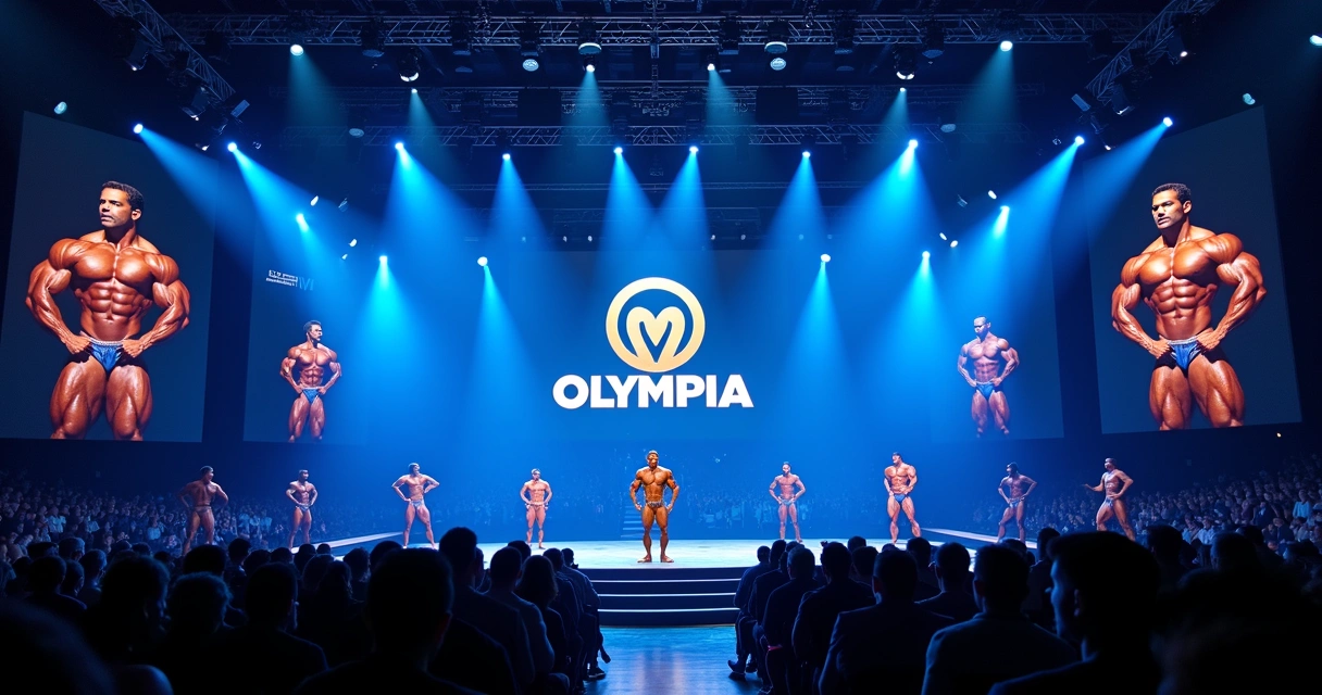 Palco iluminado do Mr. Olympia durante apresentação 