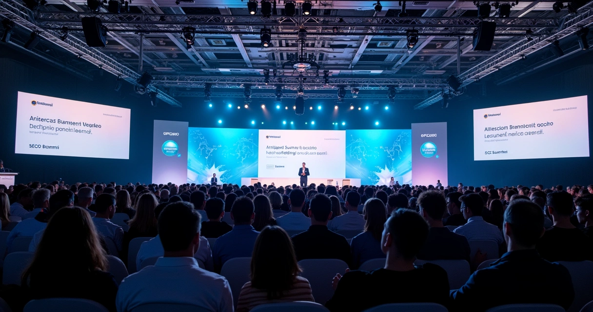 Palco de palestrantes durante o SECOP Summit com público atento 