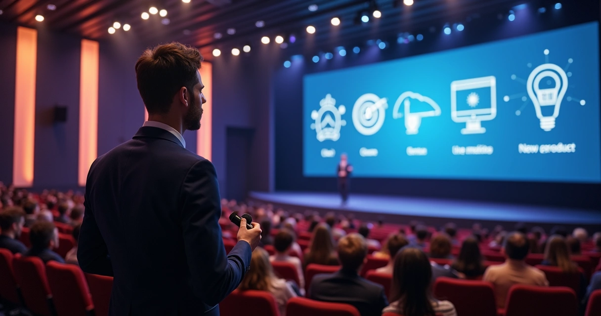 Palestrante em palco moderno diante de público atento com ícones de crescimento ao fundo 