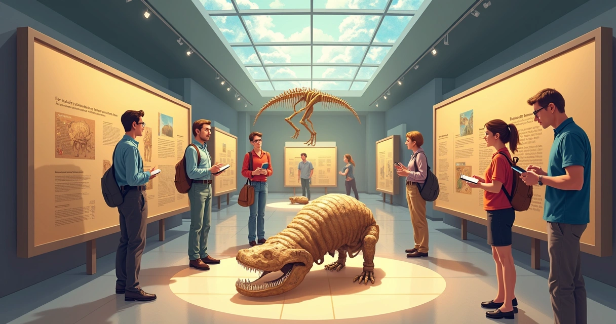 Paleontólogos analisando fósseis em museu 
