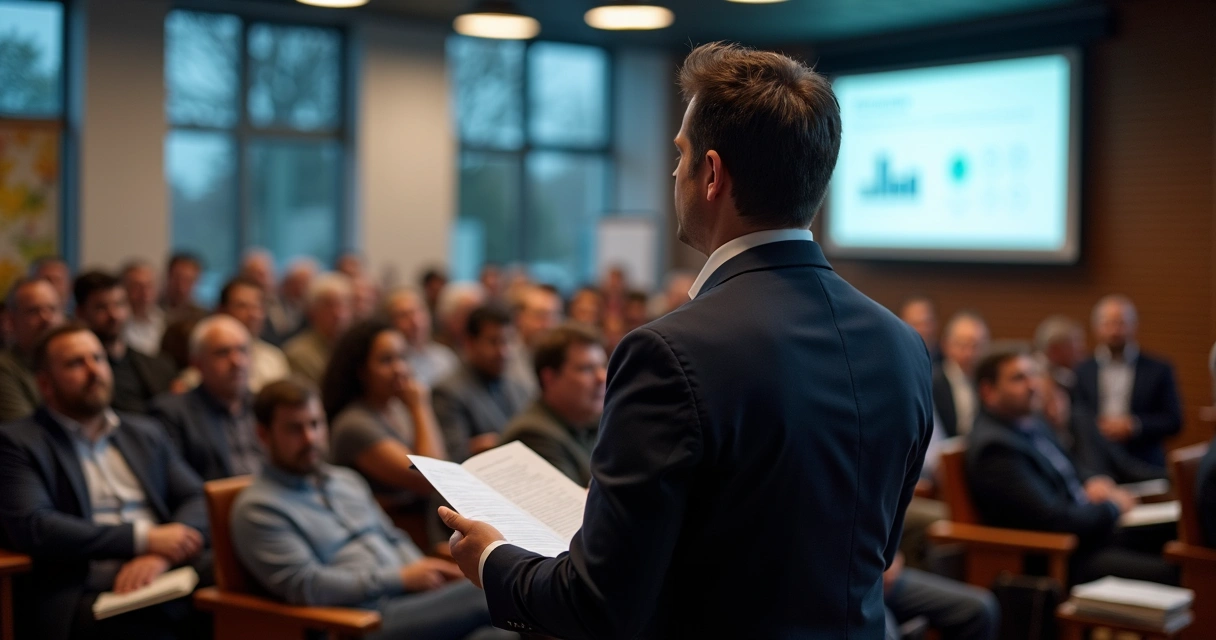 Profissional dando palestra sobre BPO financeiro para empreendedores locais em auditório 