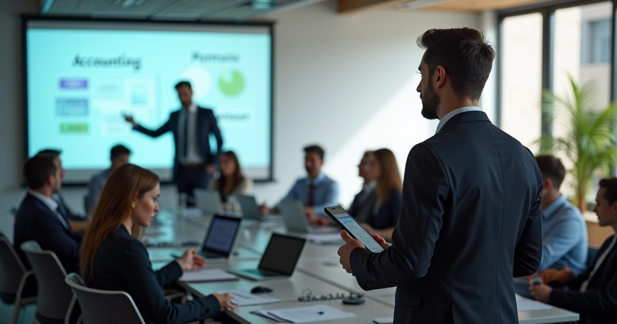 Profissional apresentando conteúdo educativo sobre contabilidade em palestra