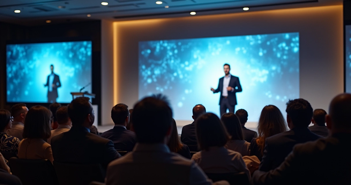 Equipe de executivos interagindo em palestra corporativa 