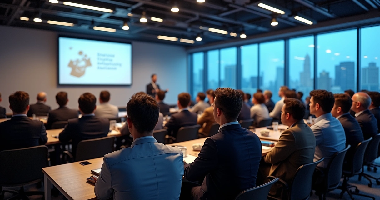 Evento de capacitação ou palestra para associados com pessoas assistindo e palestrante à frente