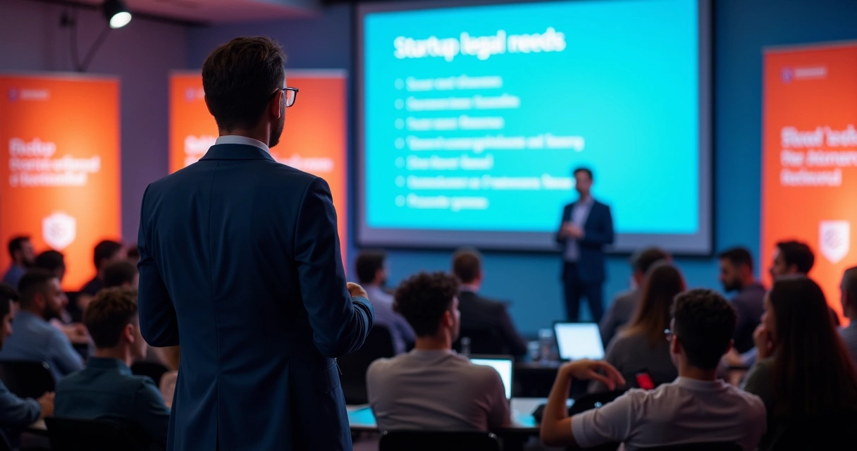 Advogado palestrando em evento de startups, tela com dicas jurídicas para empresas digitais 