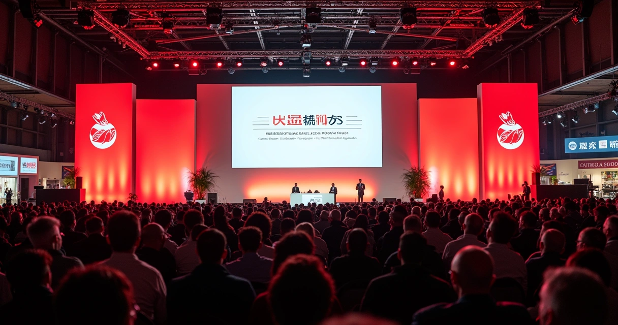 Palco de evento com palestra sobre foodservice e plateia grande 