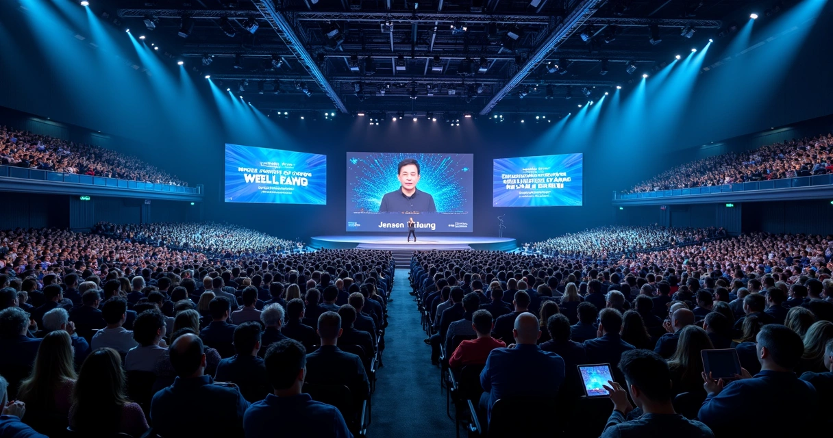 Auditório lotado em conferência de inteligência artificial com destaque para a palestra principal 