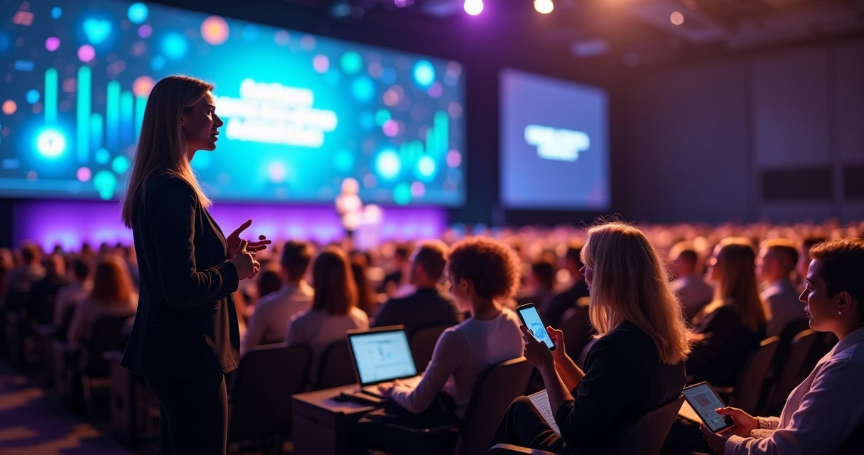 Palestrante em conferência de marketing com audiência atenta e ícones digitais ao fundo 
