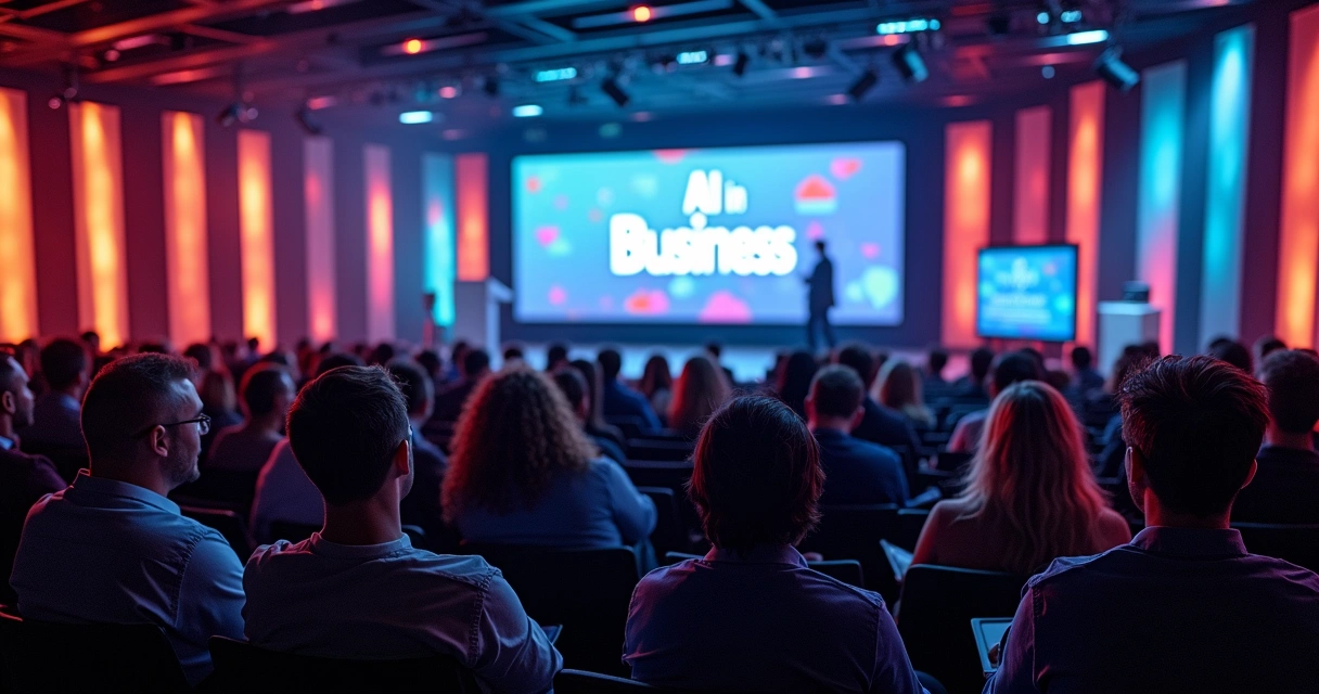 Auditório com profissionais de marketing e palestra sobre inteligência artificial 