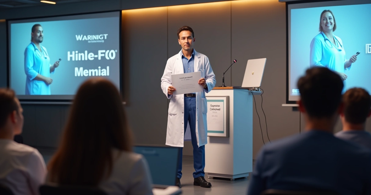 Profissional da saúde apresentando certificação em um evento para plateia pequena 