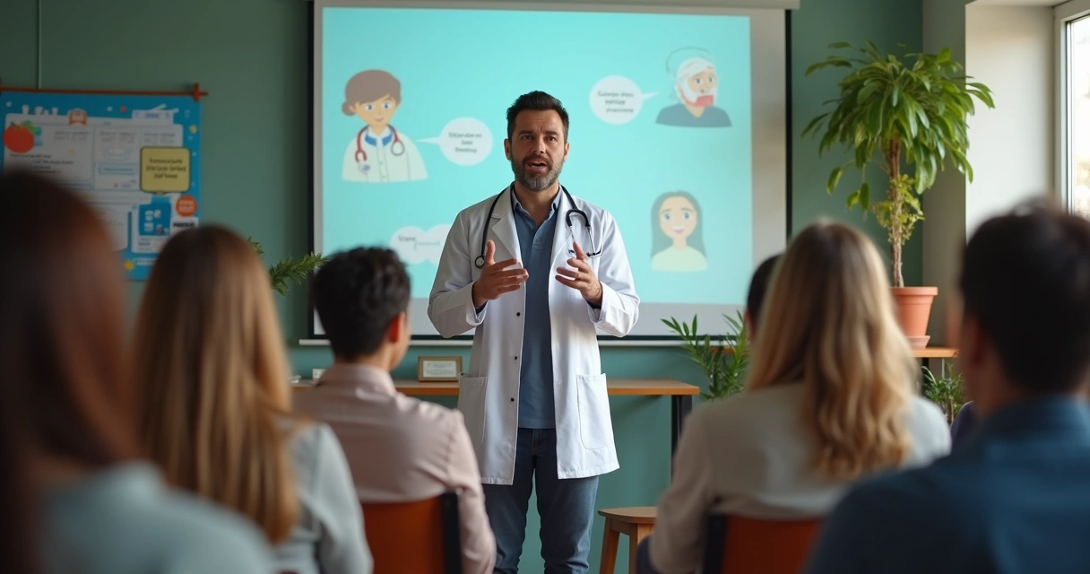 Médico apresentando palestra sobre prevenção para comunidade local 