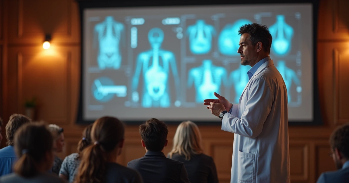 Médico ministrando palestra educativa para o público 