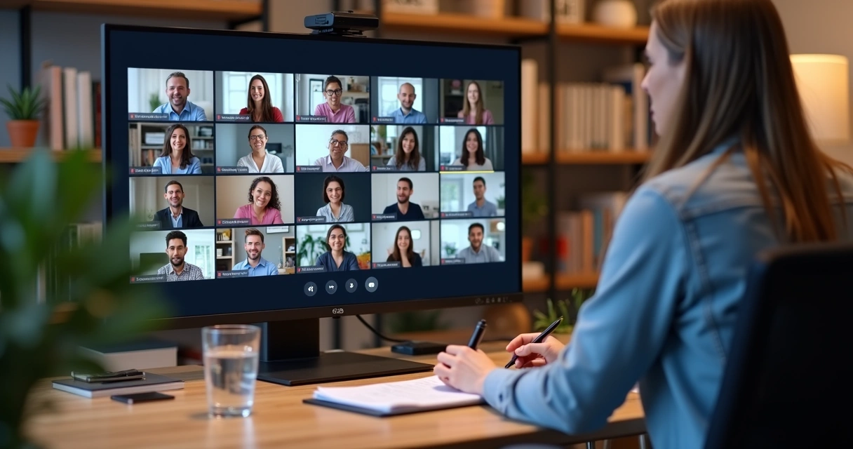 Palestrante ministrando palestra online com computador e participantes na tela 