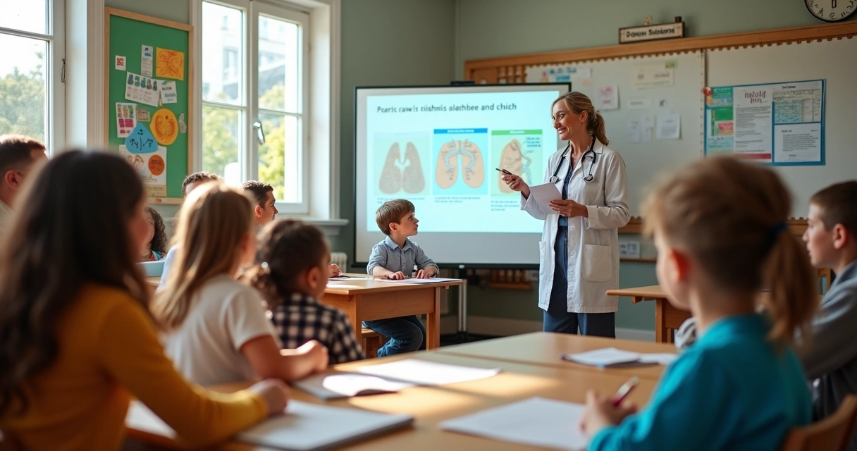Profissional de saúde faz palestra educativa em escola para pais e professores 
