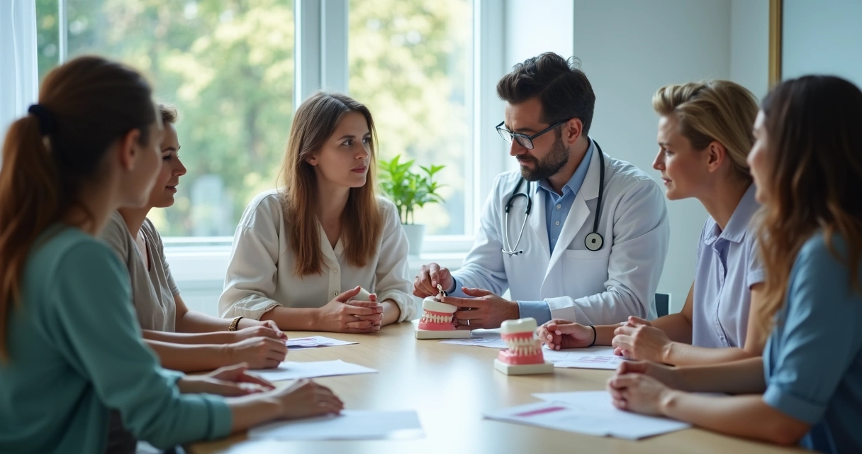 Palestra sobre saúde bucal para pacientes em clínica odontológica.
