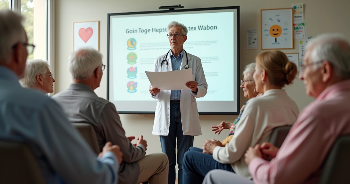 Profissional de saúde ministrando palestra para idosos sentados em círculo 