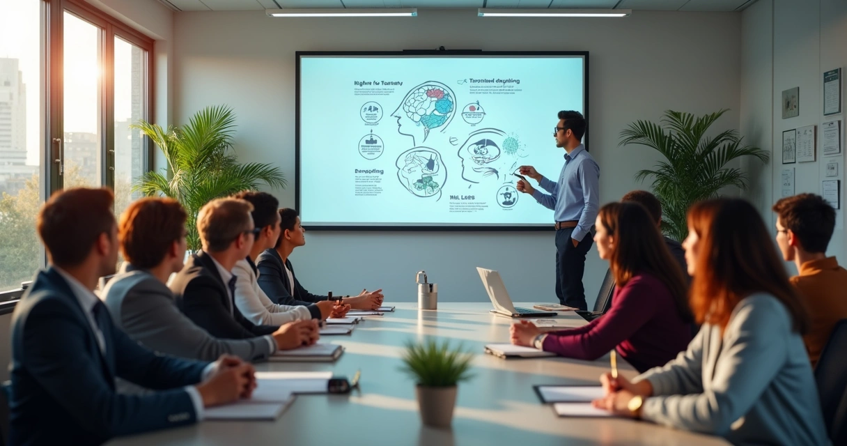 Equipe de colaboradores participando de treinamento sobre saúde mental no trabalho. 