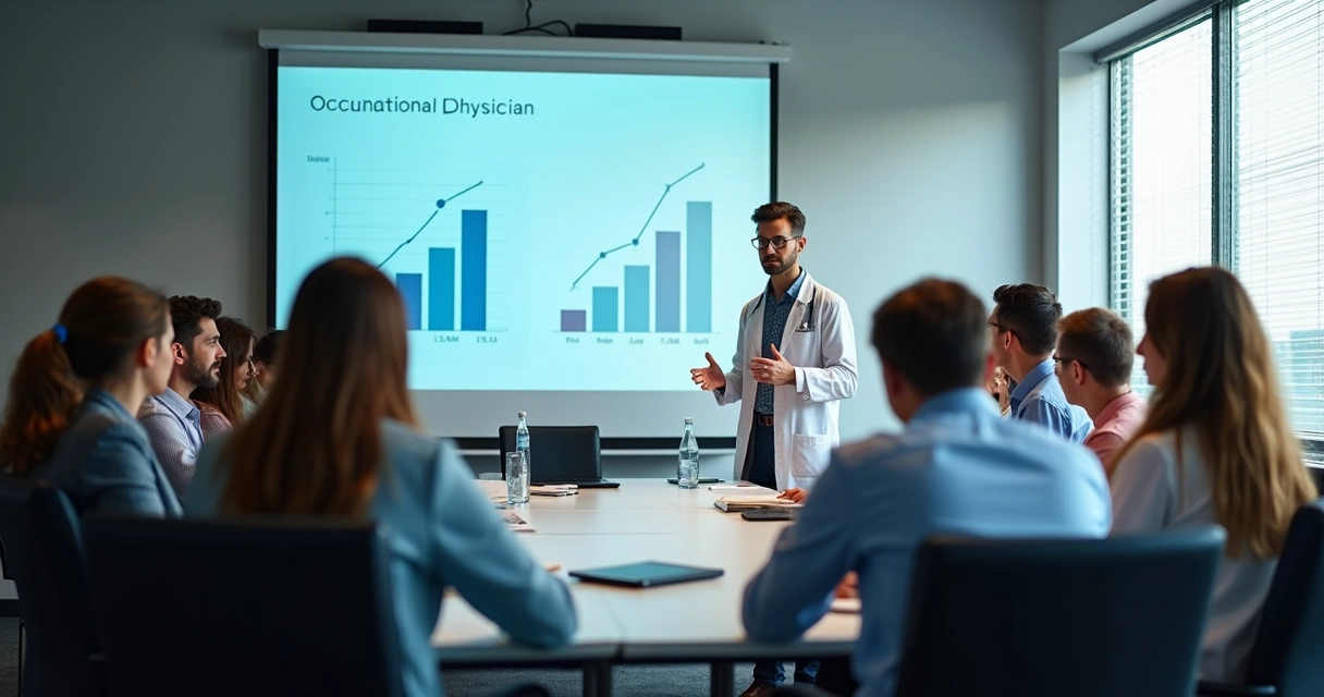 Profissional palestrando sobre saúde ocupacional em empresa 