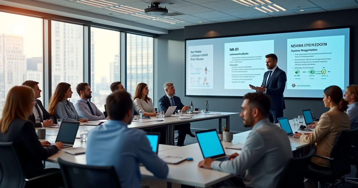 Sala de treinamento sobre segurança do trabalho com slides da NR-01 ao fundo
