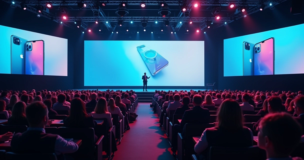 Palestrante apresentando novidades de celulares em auditório cheio