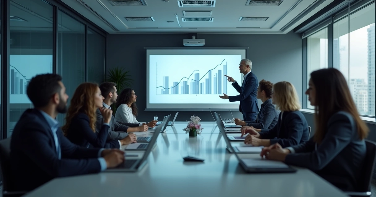 Sala de treinamento com projetor, colaboradores atentos e instrutor apresentando gráfico digital. 