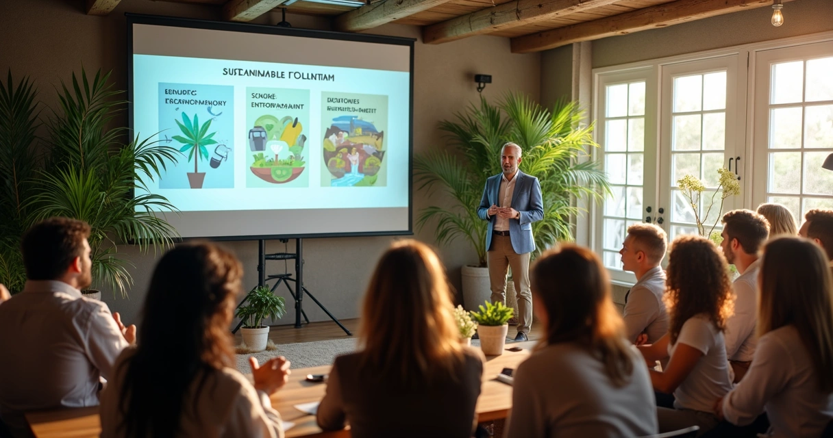 Profissional apresentando palestra sobre turismo sustentável para público diversificado 