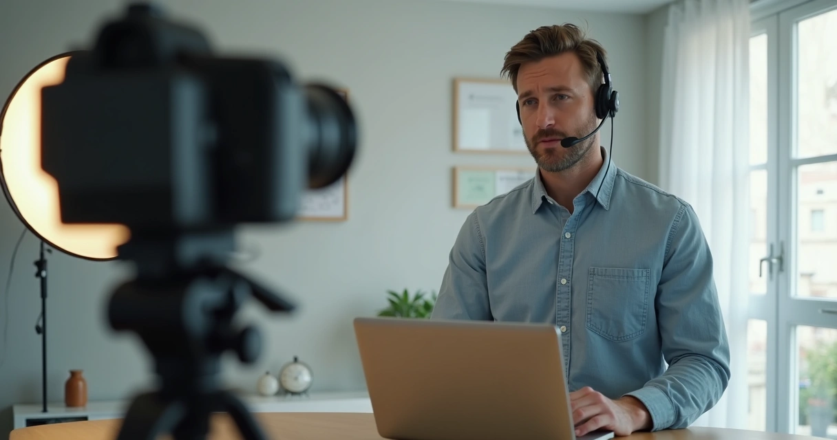 Homem com microfone em um ambiente iluminado, fundo neutro, preparando transmissão online 