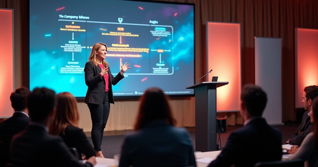 Palestrante contando história inspiradora em convenção de vendas 