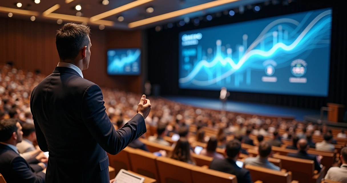 Palestrante corporativo falando em palco para equipe atenta em auditório moderno 