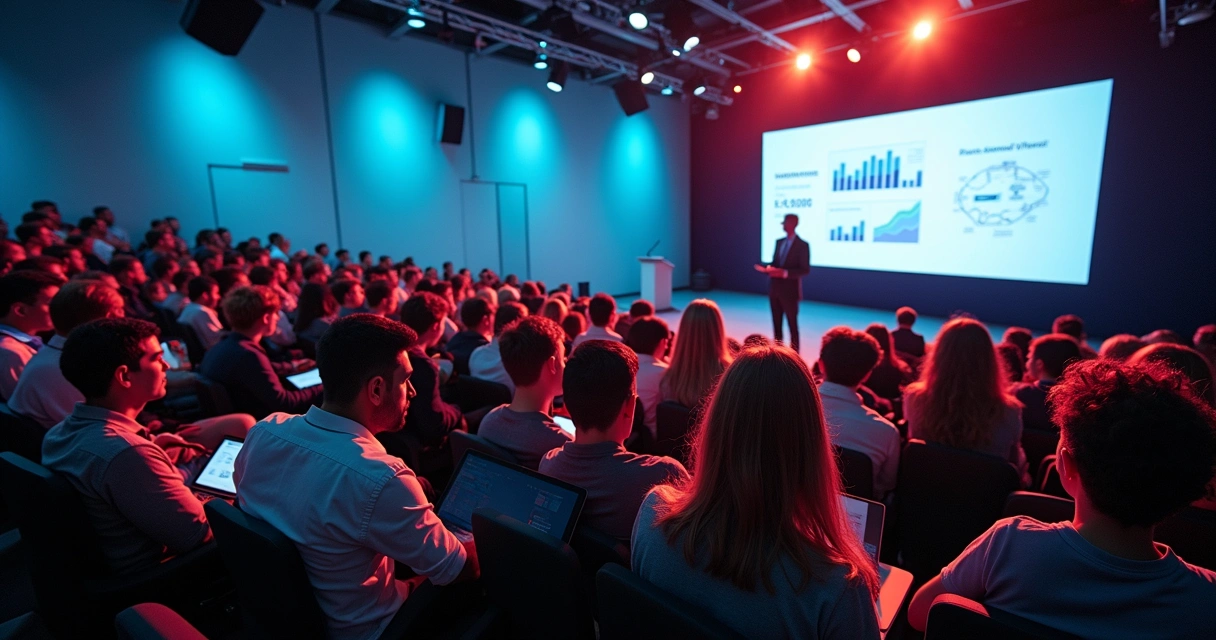 Auditório com palestrante e público atento em evento de e-commerce