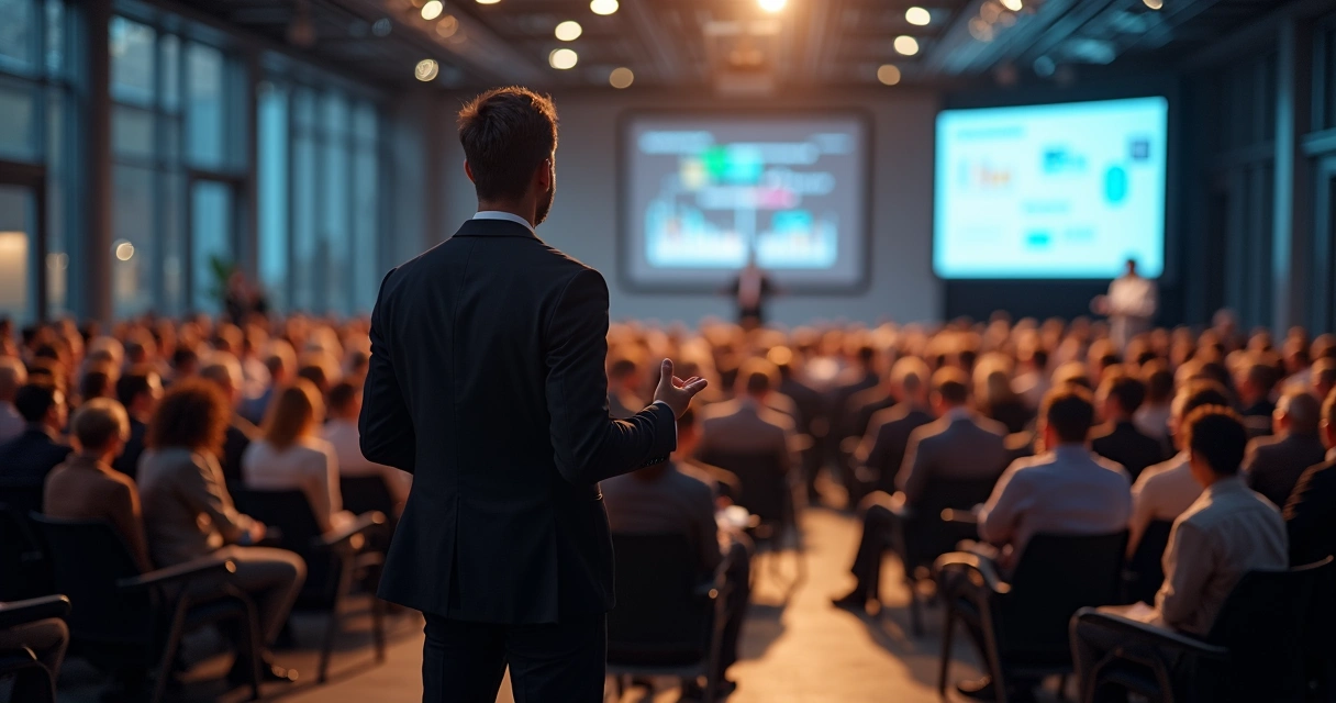 Palestrante em palco durante evento corporativo, projetor ao fundo 