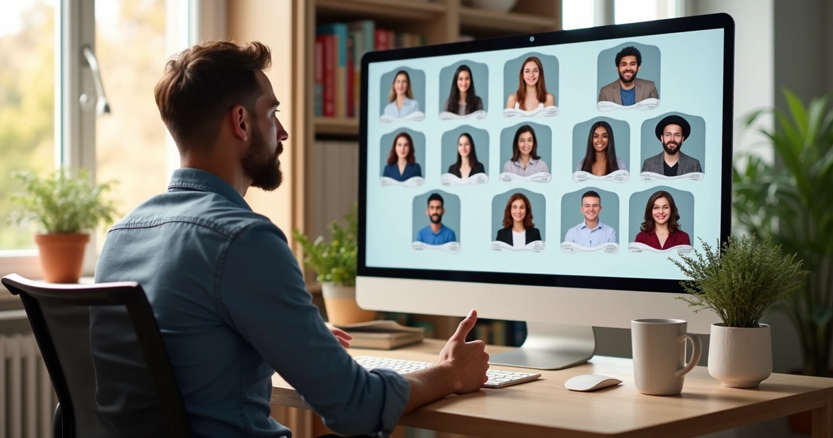 Pessoa dando mentoria online com lousa digital e público interagindo 