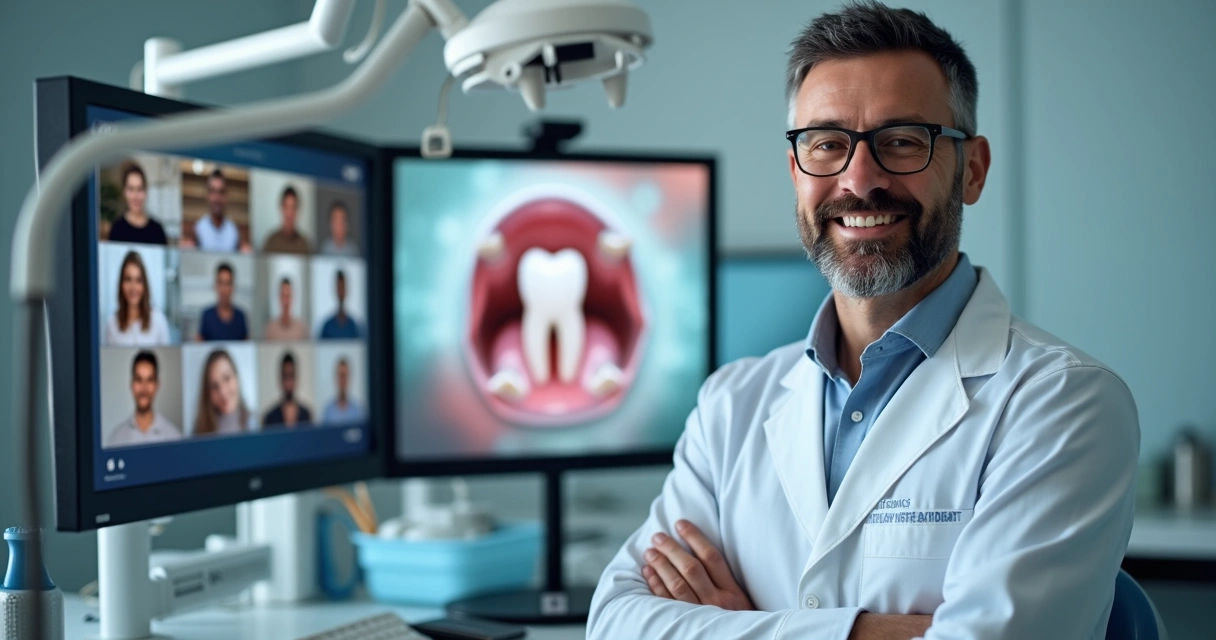 Profissional odontológico ministrando webinar educacional, com slides e participantes online