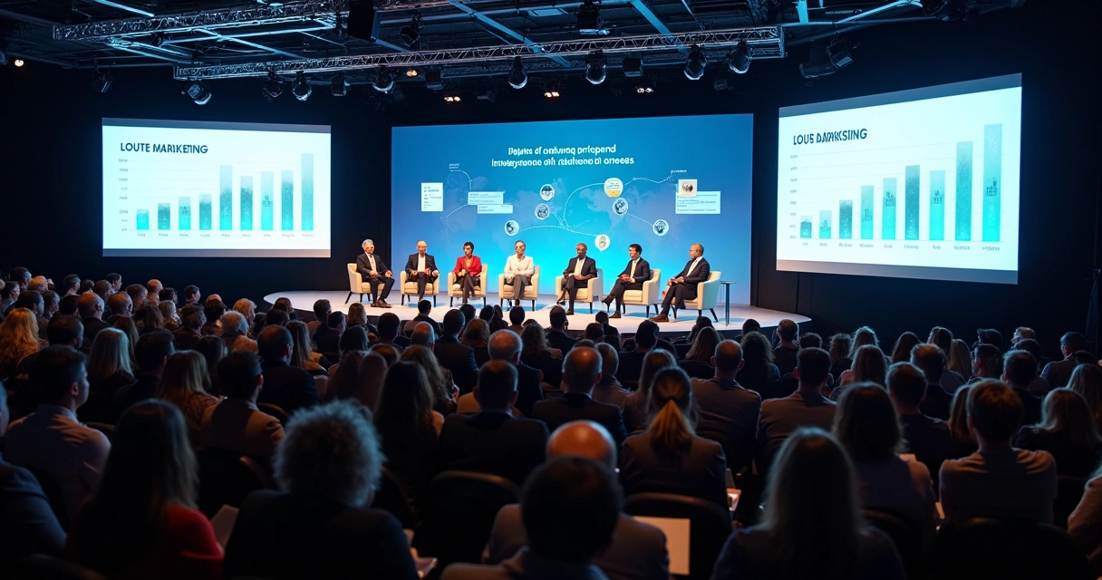Auditório com público atento assistindo palestrantes em painel sobre marketing digital e inteligência artificial 