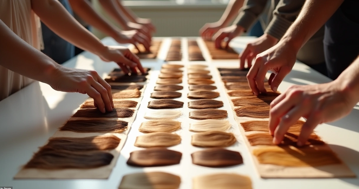 Paleta de amostras de cores de cabelos sobre fundos de diferentes tons de pele 