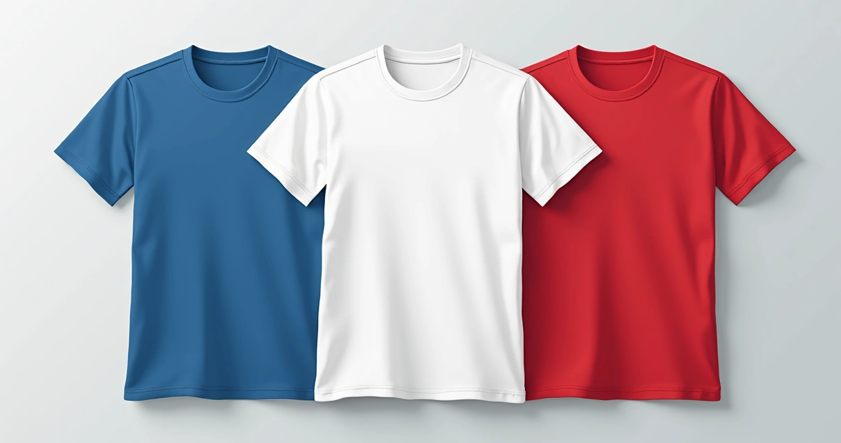 Três camisetas escolares sobrepostas em tons azul, branco e vermelho 