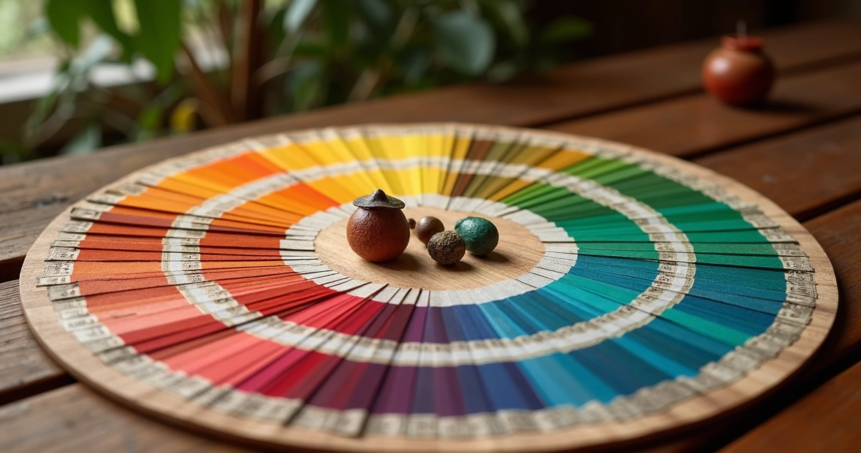 Cartela de cores variada e objetos de culturas diferentes.