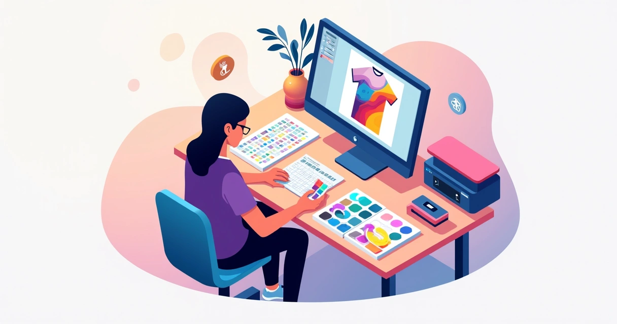 Designer escolhendo paleta de cores para estamparia digital em tela de computador 