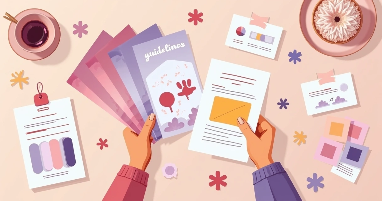 Representação de paleta de cores de marca com cartelas, amostras de cores e cartões de visita 