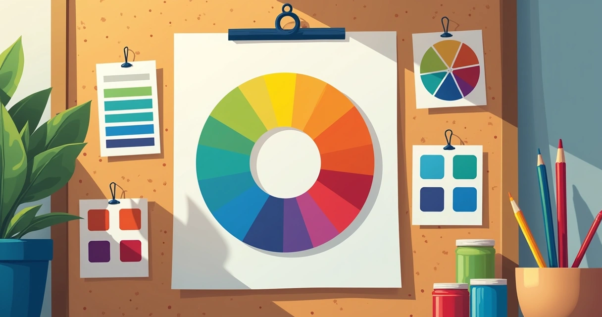 Painel apresentando paleta de cores em círculo colorido 