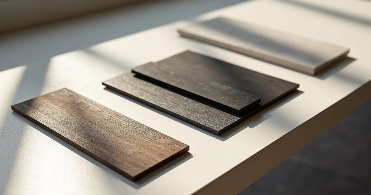 Detalhe de amostras de madeira carvalho belga, tons cinzas e Eco Luxo Nero lado a lado 