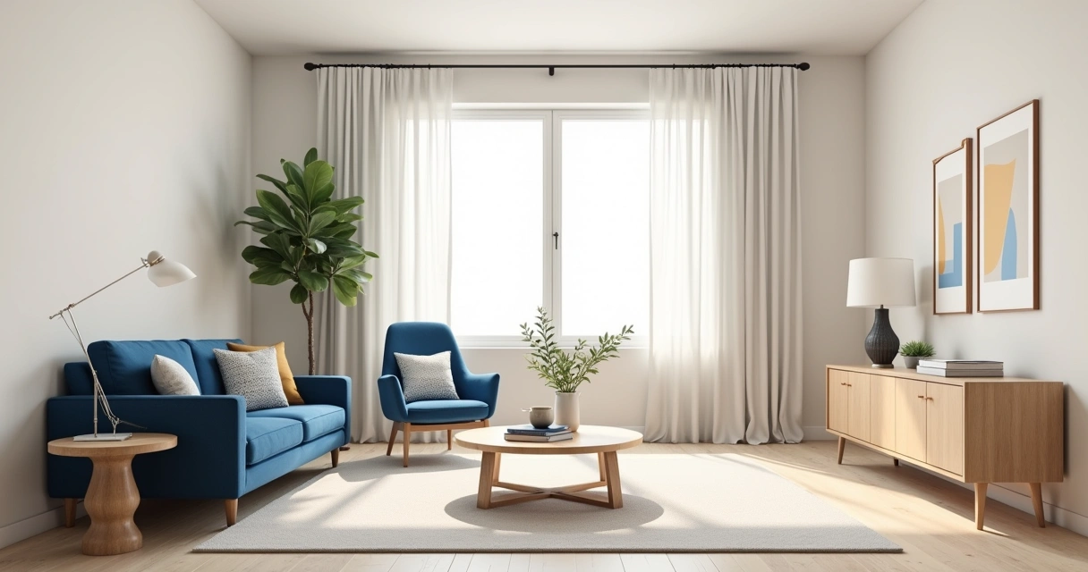 Sala de estar elegante com paleta de cores neutras e detalhes em azul 